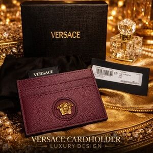 Versace Mini Medussa Plum Card Holder with Medusa gold Emblem NWT BOX DUST-BAG